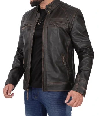 Mens Cafe Racer Distressed Brown Leather Jacket - Image 4
