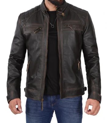 Mens Cafe Racer Distressed Brown Leather Jacket - Image 1