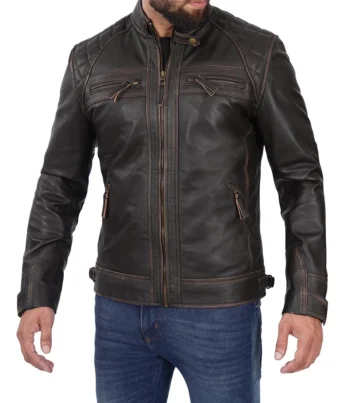 Mens Cafe Racer Distressed Brown Leather Jacket - Image 3