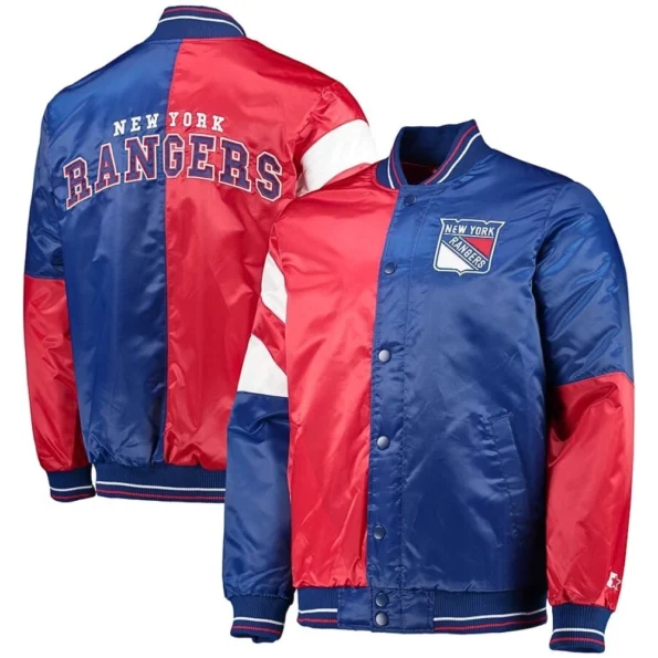 starter blue and red new york rangers the leader satin varsity jacket